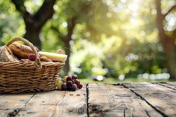 Sticker - wooden picnic table in a park, a wicker basket with grapes bread and cheese banner