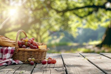 Sticker - wooden picnic table in a park, a wicker basket with grapes bread and cheese banner