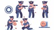 A police officer set. Police officer in uniform issuing a fine, chasing a bandit, using a gun and eating donuts on duty. City patrol constable fighting with criminals Linear flat modern illustration.