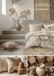 Stylish modern and minimalistic design of cozy bedroom in beige color palette, minimalist collage