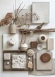 Top view mood board of natural beige materials and textures for style and choice of architects