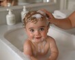 Closeup portrait of smiling Little baby taking bath with foam , health care and hygiene concept