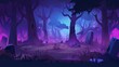 Dark forest at night. Modern cartoon illustration of creepy deep forest landscape with tree trunks, grass and stones.