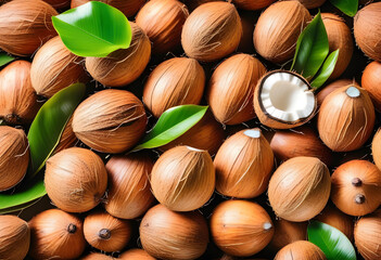 Poster - A pile of coconuts with green leaves on a white background