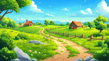 Wall Mural - A summer rural landscape with a farm barn, green agriculture fields and a village house. Modern cartoon illustration of a rural landscape, a farmland with wooden granaries, a road, a fence and trees.