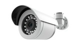 Fototapeta Abstrakcje - Modern surveillance camera isolated on white backdrop. Security equipment concept for safety systems. High-resolution digital eye for monitoring. AI