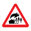Large scale fire zone warning sign. Vector illustration of red triangle sign with houses, trees and windblown flames icon inside. Risk of fire. Caution symbol. Danger area.