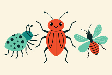 Collection of cute insects, ladybug and ants. Linear hand drawn doodle. Vector illustration. Isolated elements for design, decor, decoration