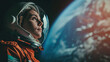 © Ruslan - Female astronaut in a spacesuit in space against the backdrop of the planet Earth