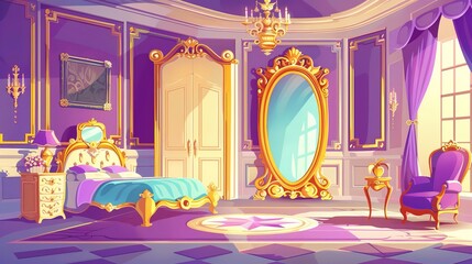 Wall Mural - The interior of a princess bedroom in Victorian style, with a bed, mirror, chair, table, and wardrobe in the morning, a modern cartoon illustration.