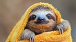 Baby sloth wrapped in yellow towel