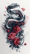 Snake and roses drawing on white background