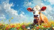 Brown and white cow standing in field of flowers