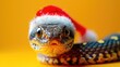 Close up view of a snake donning a festive Santa hat.