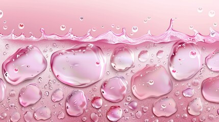 Wall Mural - The banner template features a pink background with transparent raindrops, condensation or dew, and space for copy. This illustration is a modern realistic illustration with real raindrops.