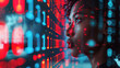 © Александр Довянский - Young black female IT specialist looking at digital board with binary program code. Data analysis, matrix numbers and artificial intelligence technology