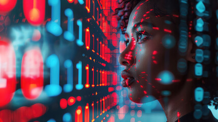 Canvas Print - Young black female IT specialist looking at digital board with binary program code. Data analysis, matrix numbers and artificial intelligence technology