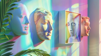Wall Mural - Retro futuristic flyers designed for an abstract art exhibition. Modern posters with antique sculpture faces, statue bodies, open eyes and psychedelic surreal shapes.