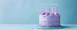 Birthday cake with purple sprinkles and colorful candles over pink background. AI generated illustration