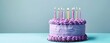 Birthday cake with purple sprinkles and colorful candles over pink background. AI generated illustration