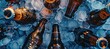 bottles of beer chilled in ice. AI generated illustration