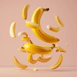 A bunch of bananas are flying through the air, with some of them falling to the ground. The bananas are sliced and scattered in different directions, creating a sense of motion and chaos