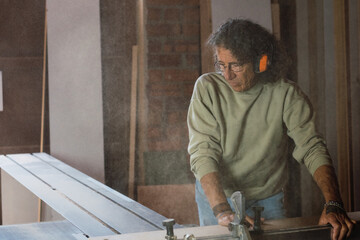 Carpenter working with electric planer on wooden plank in workshop. Craftsman makes own successful small business.