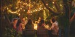 © gunzexx png and bg - An intimate gathering of friends enjoying a meal under string lights in a cozy backyard setting as dusk falls, radiating warmth and community
