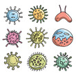 Set cartoon virus bacteria characters colorful, depicting various shapes expressions. Collection cute microbe illustrations, playful pathogens vibrant colors, handdrawn style. Nine distinct