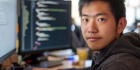 Side view of professional software developer coding program or engineering prompt. Skilled programmer typing computer and laptop while developing system with blurring background. Technology. AIG42.