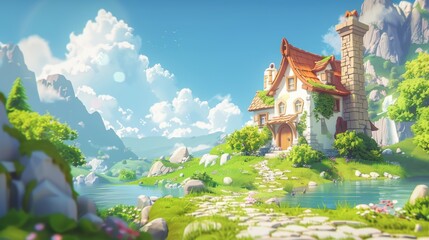 A sunny village scene with a cute fantasy dwarf house cartoon illustration. Mountain ridge view at a leprechaun village near a river. Paved path leads to an elf's cottage with a chimney in the