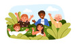 Happy children peeping, hiding behind plants in park. Cute kids group greeting, waving with hand, portrait. Boys, girls playing outdoor in nature. Flat vector illustration isolated on white background
