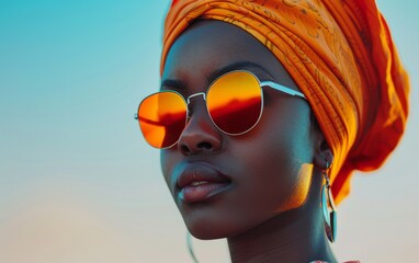 Wall Mural - A woman wearing a colorful scarf and sunglasses. The sunglasses are red and reflect the sun. The woman has a serious expression on her face