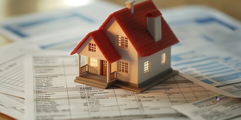 A miniature house model placed on top of financial documents representing home ownership,economics