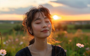 A woman is sitting in a field of flowers, looking at the sun. She is smiling and she is enjoying the moment