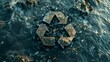 Recycling symbol surrounded by discarded plastic on a polluted shore, conveying environmental threat
