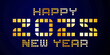 Happy New Year 2025. Modern golden text in pixel block style. Vector illustration isolated on black background.