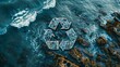 Aerial view of a recycling symbol surrounded by plastic waste in the ocean, highlighting environmental issues