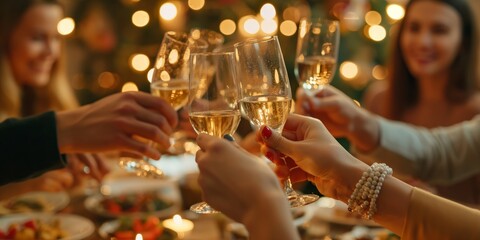 close-up of hands toasting with champagne glasses at a festive dinner party, celebrating a special o