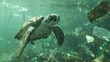 Sea turtle navigates through underwater pollution, highlighting environmental concerns