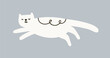 Cute cat in Scandinavian doodle style. Funny feline animal sleeping, lying. Adorable amusing kitten relaxing, dreaming, resting. Asleep kitty, lovely pussycat. Childs kids flat vector illustration