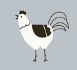 Cute rooster in countryside, Scandinavian doodle style. Adorable domestic cock profile. Amusing cockerel, feathered farm bird, funny poultry. Childish flat vector illustration