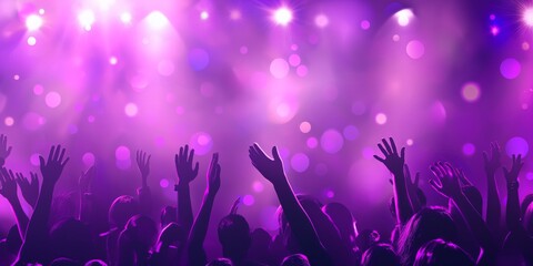 An image capturing the essence of a live music event with people's hands raised, immersed in purple and pink stage lights