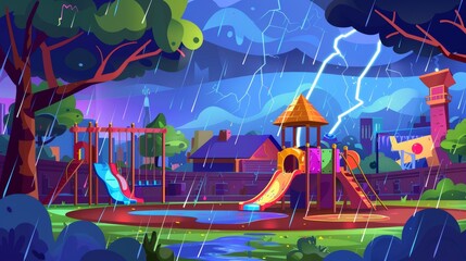 Sticker - Kids amusing themselves at a playground park with thunderstorms and lightning. Urban landscape outdoors with water in the puddle.