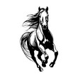 Black and white silhouette of a galloping horse with developing mane and tail. Hand-drawn stencil  for stickers, engraving or metal product 