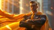 Selfassured businessman poses with a billowing superhero cape in a cityscape at sunset