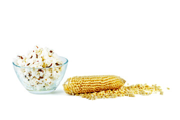 Wall Mural - Heap of raw and cooked popcorn grains isolated on white background.