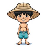 Little Asian boy wearing a straw hat and shorts. Fictional Character Created By Generative AI. 