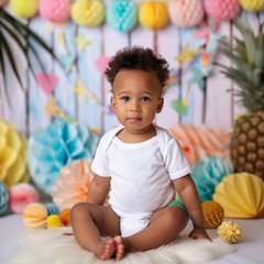 Wall Mural - Baby clothes mockup with Hawaiian party background, child in white clothes