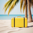 vibrant yellow suitcase resting palm tree